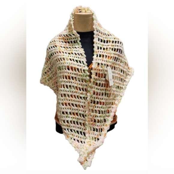 Hand Crafted Accessories - Springtime Crochet Handmade Shawl Cream, Pink, Orange, Green